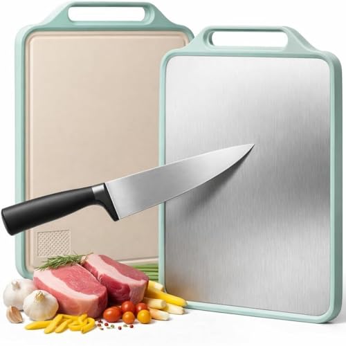 Tábua de Corte Inox para Cozinha Dupla Face PP - Corte Higiênico para Carnes, Legumes Frutas Alça Ergonômica, Borda Protetora, Antibacteriana - Fácil de Limpar, Uso Diário em Casa e Churrasco (Verde)