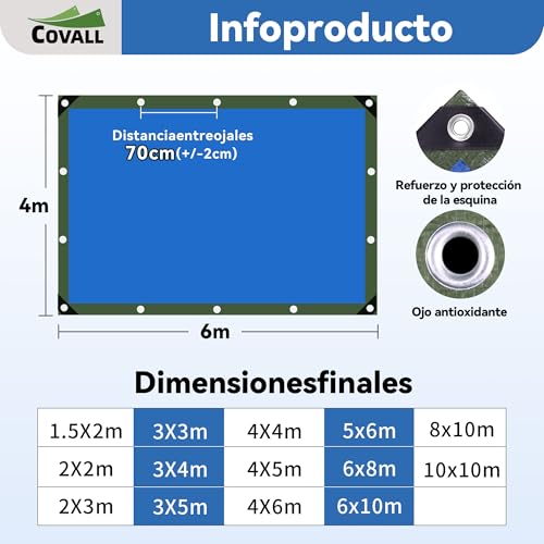 Lona impermeable 4x6m azul reforzada con ojales para madera y plantas 8