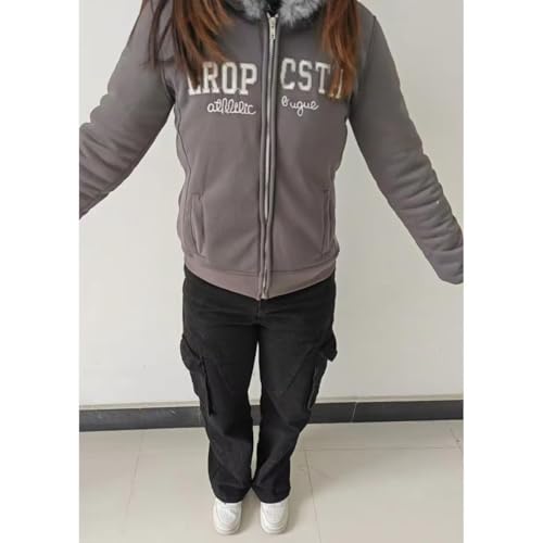 Y2k Zip up Hoodie Fur Jacket Emo Grunge Crop Winter Coats Teen 2000s Vintage Clothes Women Streetwear3