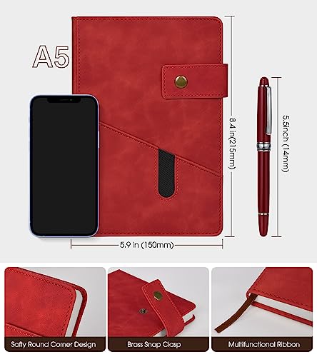 Image of Lined Journal Notebook with Pen, A5 Personalized Hardcover Leather Journal for Men Women, 200 Pages 100 GSM Thick Paper College Ruled Notebooks for Work Travel School Writing Diary 5.9 inch X 8.4 inch Red
