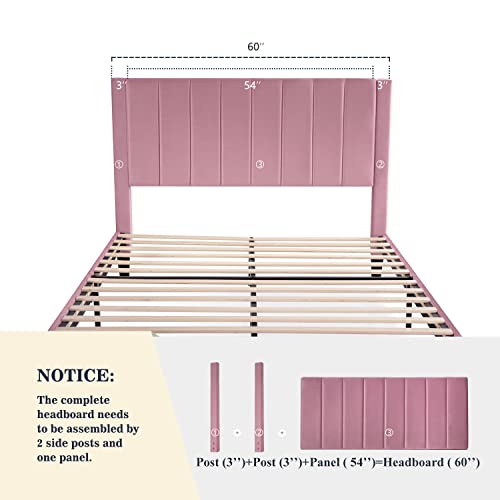 Allewie Queen Bed Frame/Velvet Upholstered Bed Frame With Vertical Channel Tufted Headboard/Strong Wooden Slats/Platform Bed Frame/Mattress Foundation/Box Spring Optional/Easy Assembly/Pink #TOP3
