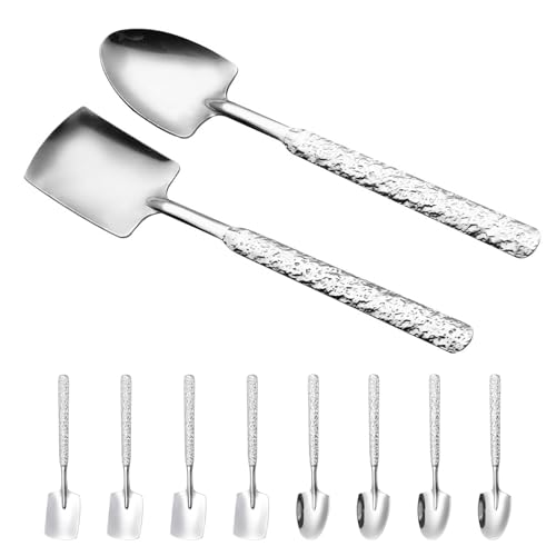 WATIIFUFU Cucharas de Postre Forma Pala de Acero Inoxidable Juego de 10 Diseño Martillado Elegante para Helado y Frutas, Utensilios para Cocina Moderna