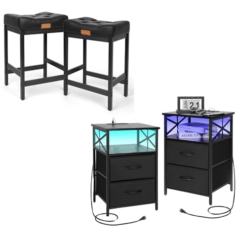 Arceisle 24.6" Bar Stools Set of 2 and Night Stand Set 2, Industrial Counter Height Bar Stools for Kitchen, Beside Tables for Bedroom and Living Room, Black Cover