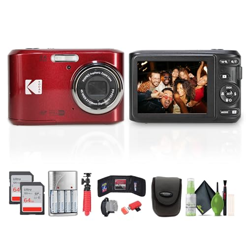 Kodak Pixpro FZ45 Digital Camera (Red) Bundle Including: 2X 64 GB Memory Card, Rechargeable Batteries, Camera Case, Flexible Tripod, Card Reader, Card Wallet, Hand Strap, Full Cleaning Kit