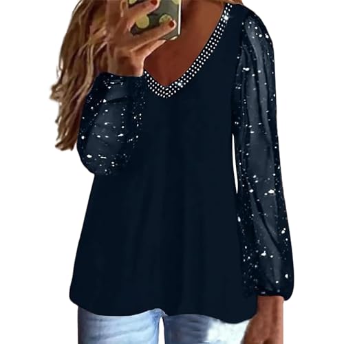 Blusa de manga 3/4 para mujer, elegante, túnica de lentejuelas, camiseta festiva de malla, jersey monocolor, camiseta de Nochevieja, ligera y ventilada, blusa de moda, blusa larga, azul oscuro, XL
