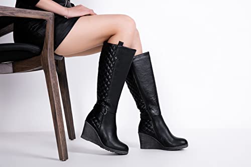 Vepose CJY9652-BLACK-08 Women'S 9652 | Black Knee High Boots Round Toe | Fashion Wedge Calf Boot thumb #5