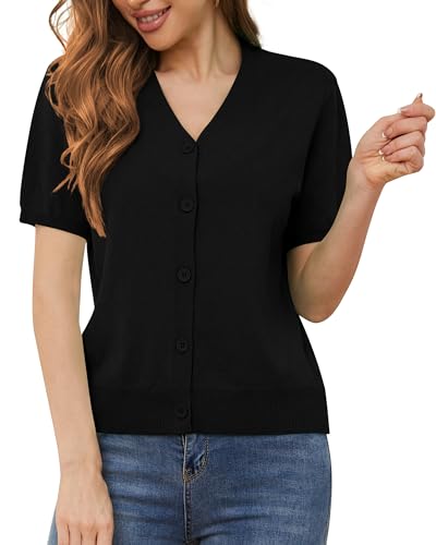 Viishow Women'S Short Sleeve Lightweight Open Front Knit Cardigan Sweater V Neck Crochet Button Down Shrugs Tops,Black,Small thumb #3