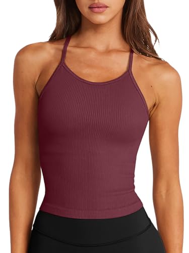 Image of LASLULU Womens Sports Bra Seamless Long Tank Spaghetti Strap Workout Bra