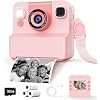 Kids Camera Instant Print with Flip Lens, 1080P HD Video Inkless Toddler Digital Camera with 32GB Card, Portable Travel Christmas Birthday Gift for 3-12 Girls Boys with 3 Rolls Print Paper (Pink)