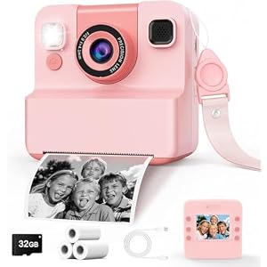 Kids Camera Instant Print with Flip Lens, 1080P HD Video Inkless Toddler Digital Camera with 32GB Card, Portable Travel Christmas Birthday Gift for 3-12 Girls Boys with 3 Rolls Print Paper (Pink)