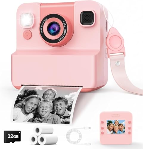 Kids Camera Instant Print with Flip Selfie Lens, Toddler Digital Camera with 3 Rolls Print Paper, Portable Travel Christmas Birthday Gift for 3-12 Girls Boys with 32GB Card (Pink) by CIGXAVO - Used condition - US$36.09