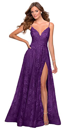 AHAKDA Women's Spaghetti Straps Lace Prom Dresses Split Long V-Neck Formal Evening Party Dress Purple US14