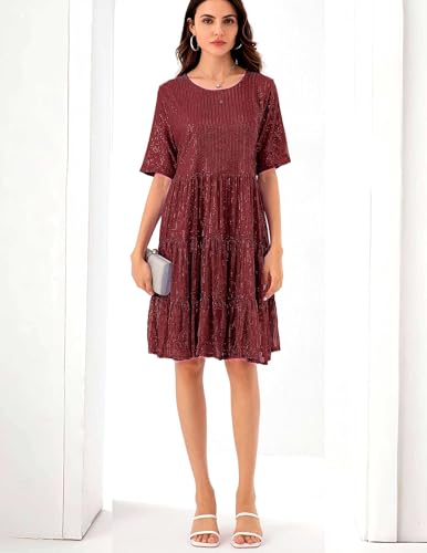 Image of Sequin Babydoll Summer Dress,Sparkly Glitter Dress Short Flowy Tiered Tunic Dress for Women Party Club Night
