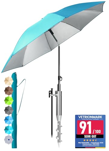 Menz Sonnenschirm Strand 3-in-1 Set Ø 180 cm Türkis Strandschirm Windfest Stabil UV50 Sonnenschutz Strand Einschraubhülse & Schirmhülle Höhenverstellbar Flexibles Schatten für Garten
