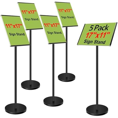 PUJIANG 5 Pack Heavy Duty Sign Stand for Display 11 x 17, Adjustable Pedestal Sign Holder Stand, Floor Standing Stand for Sign Poster, Horizontal Vertical View Signage Stand for Outdoor Indoor Cover