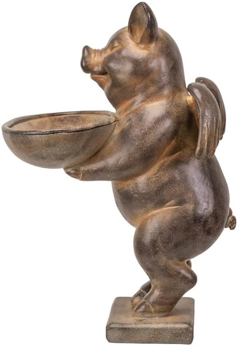 Pacific Giftware Flying Pig Bird Feeder Plate, Cold Cast Resin, Brown, Decorative Bird Feeders