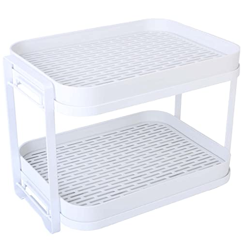 Simmer Stone 2-Tier Cups Mugs Drying Rack with Drain Tray, Kitchen Storage Organizer Shelf for Drinking Glass Bottle Bowls (Flat white)