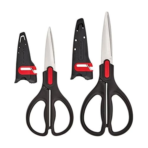 Farberware All Purpose and Utility scissors with Edgekeeper Sharpening Sheaths, Strong and Durable Multi Use Scissors, 2-Piece, Black/Red