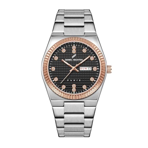Image of Daniel Hechter Hoche Collection Classic Analog Watch for Men - Textured Dial,Crystal Indices with Fluted Bezel, Date Display and Silver Stainless Steel Strap