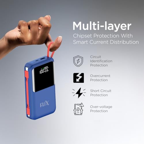Image of FLiX (Beetel) UltraCharge XPB-P45 20,000mAh 45W QC Power Delivery PPS Power Bank, in-Built Type C & Lightning USB Fast Charging Cables, LED for Charging Percentage with Amp and Volt Display (Blue)