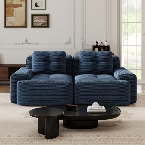 Image of 82 inch Modern Modular Boneless Couch for Living Room, 2 Seat, Soft Corduroy Fabric, Deep Seat Cloud sectional Sofa with Pearl Like Piping and Tufted Design, No Assembly, Anti Slip, Blue
