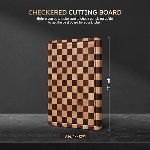 Image of Cutting Boards for Kitchen Checkered Cutting Board 17in Acacia Wood Charcuterie Board Serving Heavy Duty Non Toxic Slip Over Sink Butcher Block Meat Best Kitchen Essential Gift