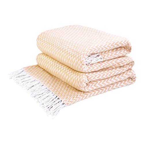 LYHome Baumwolldecke mit Fransen Geeignet als: Kuscheldecke Groß, Tagesdecke Bettüberwurf, Sofadecke, Couchdecke, Wohndecke & Schlafdecke. Robuste Decke 140 cm x 200 cm/Sand/Zickzack