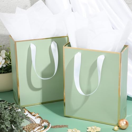 Image of Yeaqee 24 Pack Metallic Paper Gift Bag with Tissue, Sage Green, Gold | with Satin Ribbon Handle and Tissue, 9x7x3.1 Inch, Suit Business, Birthday, Christmas, Thank You Return Gifts Bags
