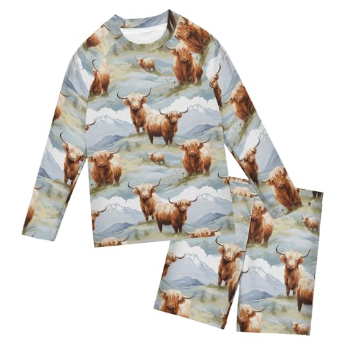 Highland Cow Boys Rash Guard Swimsuits Set for Boys Long Sleeve Swim Shirts Bathing Suits with Trunks B0403012