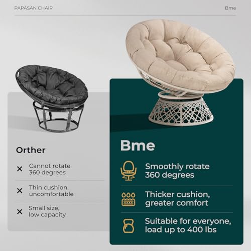 Image of Bme Ergonomic Wicker Papasan Chair with Soft Thick Density Fabric Cushion, High Capacity Steel Frame, 360 Degree Swivel for Living, Bedroom, Reading Room, Lounge, Sepia Sand - White Base