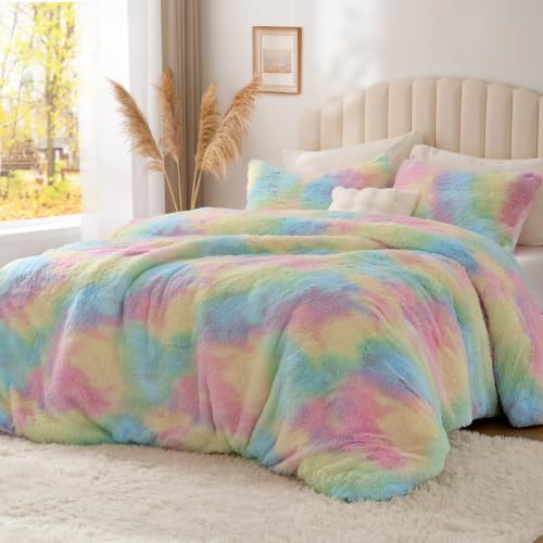 Image of BEDELITE Multi Pink Fluffy Comforter Set King, Fuzzy Faux Fur Comforter | Warm Fleece Shaggy Bedding for Winter, Soft & Cozy Plush Bed Set with 2 Pillowcases