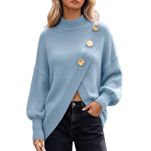 Mock Neck Sweater Women Asymmetric Hem Side Button Loose Fit Knit Pullover - image 2