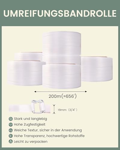 FoundGo Manuelles Umreifungsset 19 mm & 200 m Hochfestes Polypropylen-Umreifungsband mit Fasern, Grasgrün,100 Metallverschlüssen & 100 Kantenschützern-Umreifungsgerät Set für Verpackung