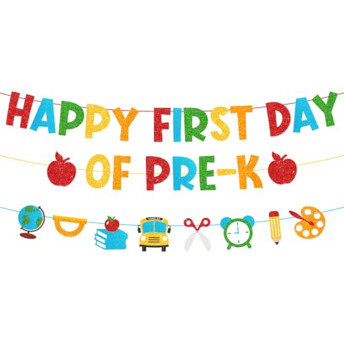First Day of Prechool Decorations Glitter Happy First Day of Pre-K Banner