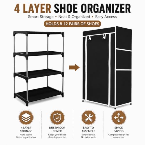 Image of Cozmira 4 Layer Foldable Shoe Rack with Dustproof Cover | Large Capacity Shoe Organizer for Home, Bedroom, Entryway & Closet | Plastic Frame & Durable Fabric Storage Cabinet (Black, 55 x 30 x 72 cm)