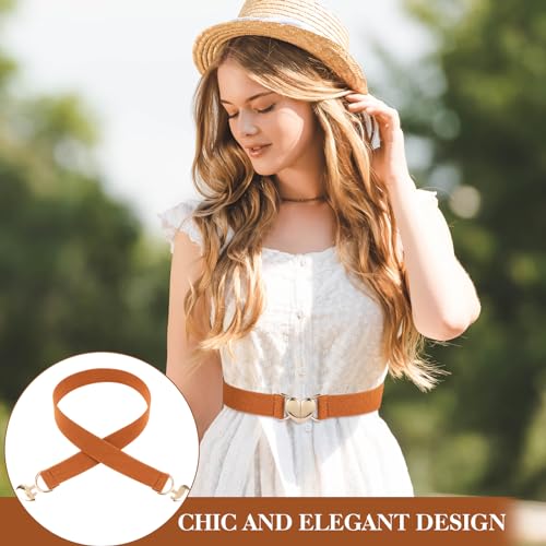 Women Heart Elastic Belt, Stretch Invisible Ladies Belts with Gold Flat Buckle Skinny Waist Belt for Dresses Jeans(Brown)4