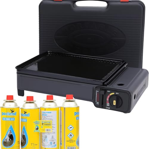 Portable Gas Stove Burner and 4 Gas Cans - Stainless Steel Compact Camping Stove - With Barbecue Grill Plate, Drip Tray, Tongs and Carrying Case for Outdoor BBQ, Picnics or Travel Cooking