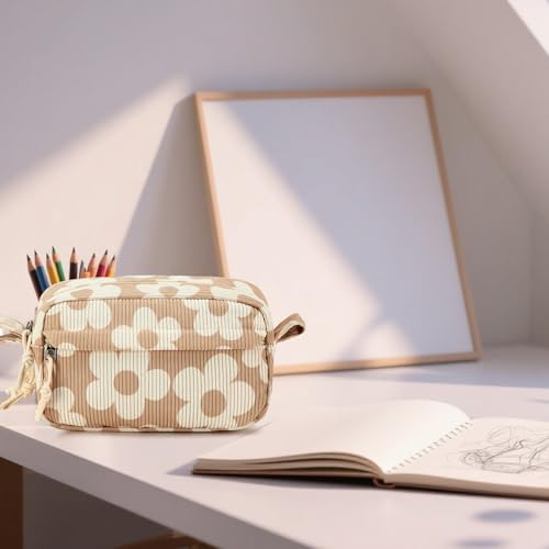 Image of Bluboon Big Capacity Pencil Case Pencil Pouch Pen Case School Supplies Cute Pencil Box Pencil Bag for Teen Girls Boys Women Man (Flower Brown)