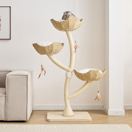 52” Tall Modern Cat Tree Tower for Large Cats| Cat Scratching Posts with Hand Woven Baskets and Mats| Luxury Cat Condo for Multiple Cats | Cat Furniture for Gifts ?52” Natural?