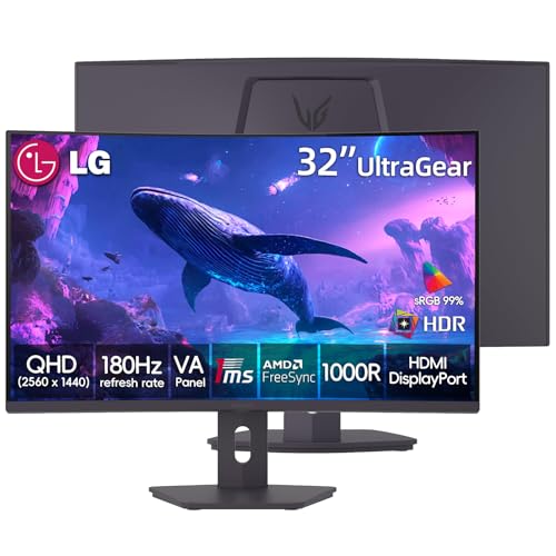 Image of LG 32 inch Ultragear Curved Gaming Monitor, QHD, VA Panel, 180Hz, 1ms GtG, AMD FreeSync Compatible, HDR10, sRGB 99% Color, HDMI, DisplayPort, Height /Tilt /Swivel Adjustable Stand, Black