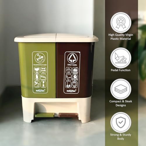 Image of Nayasa 2 in 1 Pedal Dustbin Bold - 25 L (12.5 L Each) | Twin Compartment Wet & Dry Waste Bin | Durable Plastic Pedal Bin for Home, Kitchen & Bathroom | Brown & Green