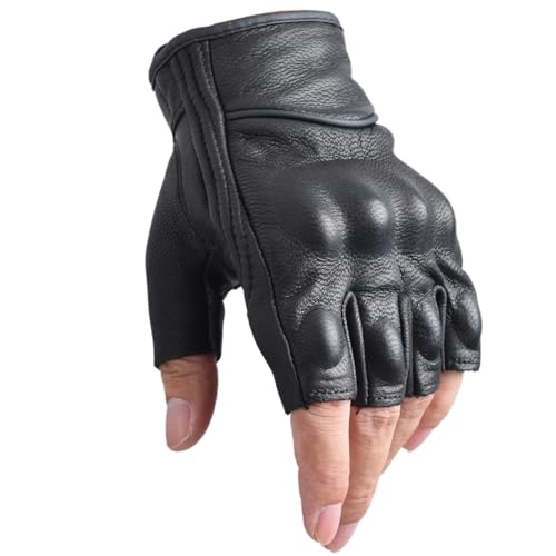 sibewora Motorcycle Gloves Leather Motor Riding Half Finger for Men Fingerless Gloves for Summer Black (Large)