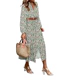 LOLONG Midi Dresses for Women Fall Casual Puff Long Sleeve Button Front Printed Ruffle Hem Boho Flowy Dress with Belts Business Trendy Floral Green