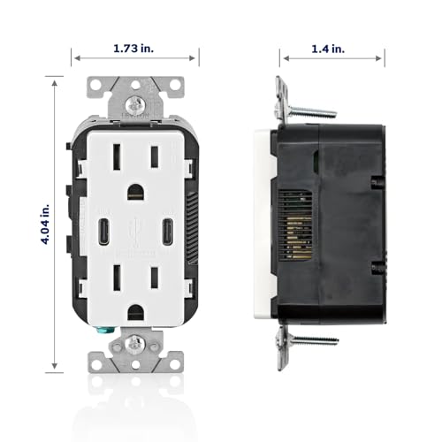 Image of Leviton T5637-E 30W (6A) USB Dual Type-C /C in-Wall Charger with 15A Tamper-Resistant Outlet, USB Charger for Smartphones and Tablets, Not for Laptops, Black