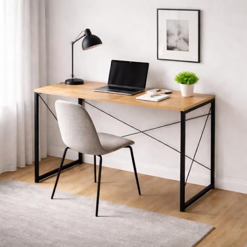 Image of Modern Wooden Computer Desk Home Office Study Desk with Metal Frame, Minimalist Writing Desk Laptop PC Workstation Table for Home Office Study Room Bedroom (Brown)