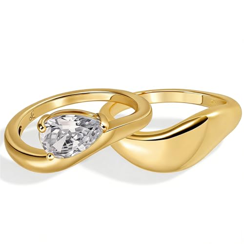 ENDLESLOOP Gold Plated Engagement Rings for Women Pear Solitaire Ring Fashion Radiant Cut Oval Wedding Promise Dainty Stacking Cubic Zirconia Eternity Band Ring Gold Size 7