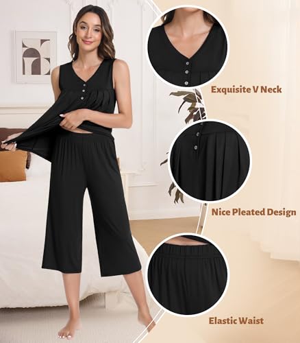 Image of NACHILA Pajamas for Women-Viscose Made from Bamboo, Sleeveless Pjs Top with Capri Pants Pajama Set Cool Pleated Sleepwear