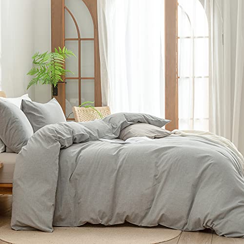 Bestouch Duvet Cover Set 100% Washed Cotton Linen Feel Super Soft Comfortable Chic Lightweight 3 Pcs Home Bedding Set Solid Light Grey Queen #TOP2