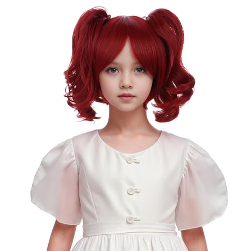 Edivd Girls Wine Red Two Ponytail Wig Kids Short Wine Red Wavy Curly Wig with Bangs Heat Resistant Synthetic Wig with Wig Cap