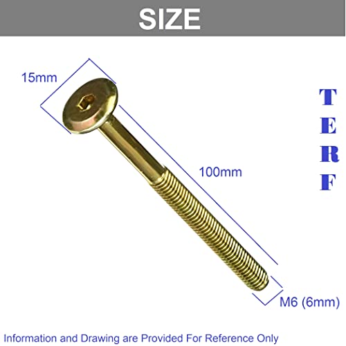 TERF® M6 X 100mm Furniture Joint Connector Bolts M6 (6mm) X 100mm Barrel Bolts Hex Allen Key Socket Flat Head Connector Bolt Screw Zinc Yellow Finish for Crib Baby Bed Cots Furniture - Image 3